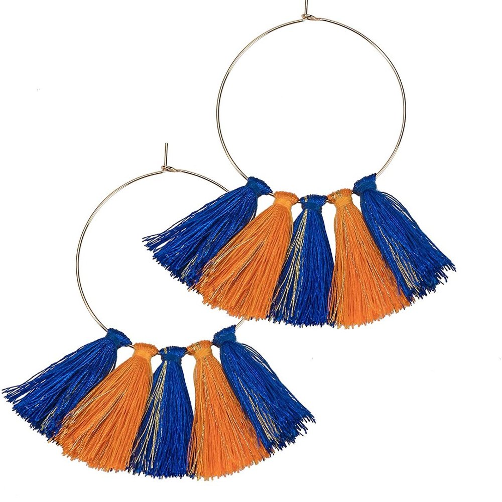 Blue and Orange Tassel Hoop Earrings